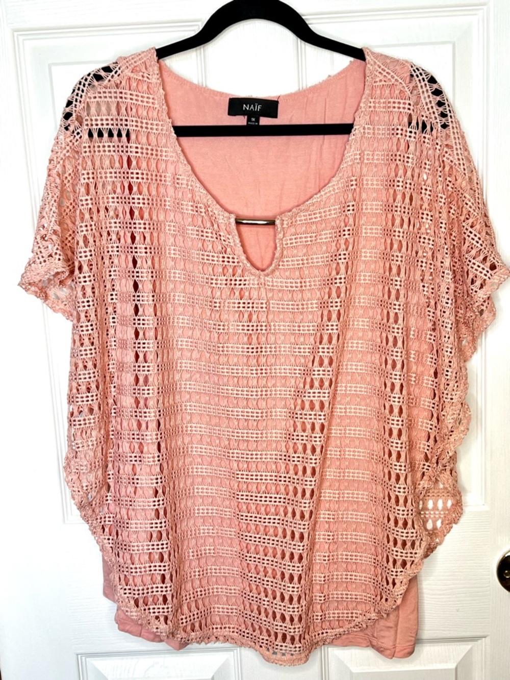 NAIF Peach Open Knit Boho Top 1X Layered Dolman Sleeve